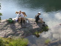 Ian, Trudy and Indy on the swim rock at Lagoon Lake