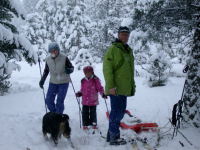 Dona, Zia and Steve putting on skis